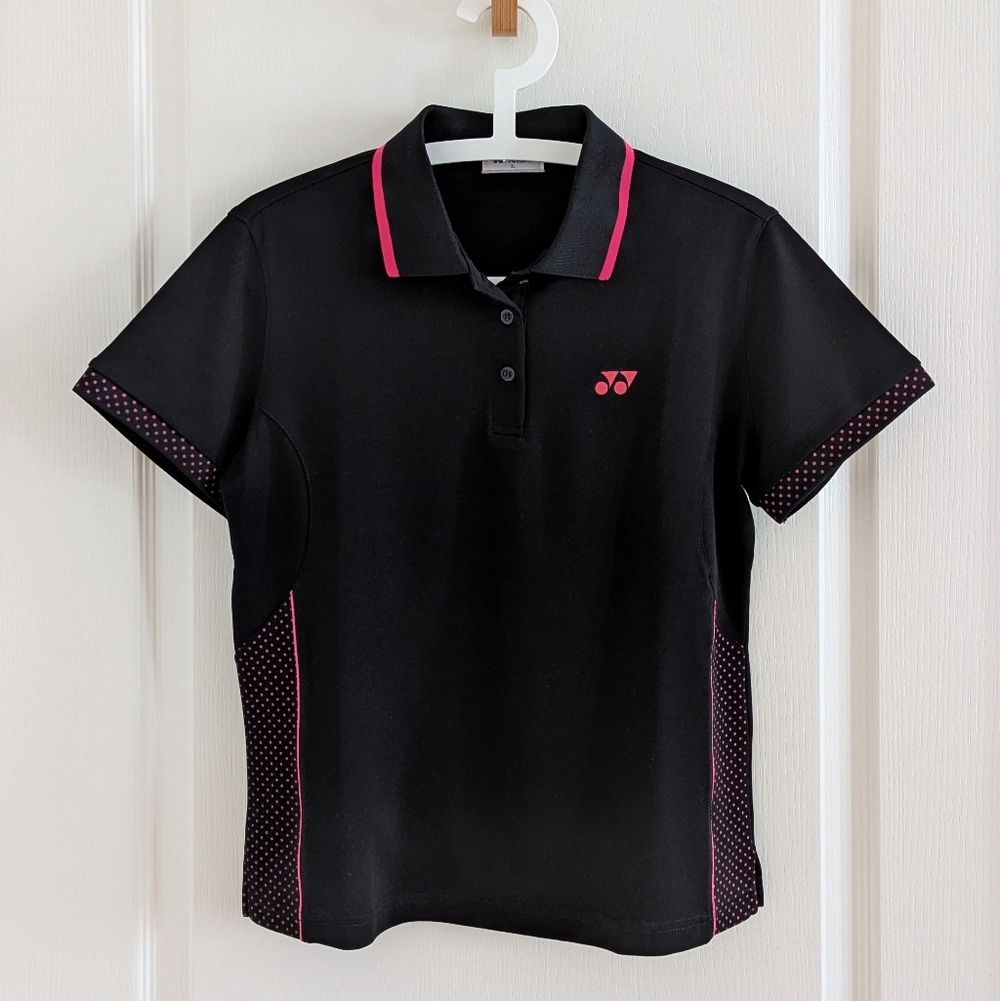3 for $15🍒Yonex Women's Black Polo Shirt with pink polka dots US Size M-L